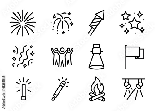 Fireworks Celebration Icons. Outline icon set of grand finale fireworks: large fireworks burst, cascading