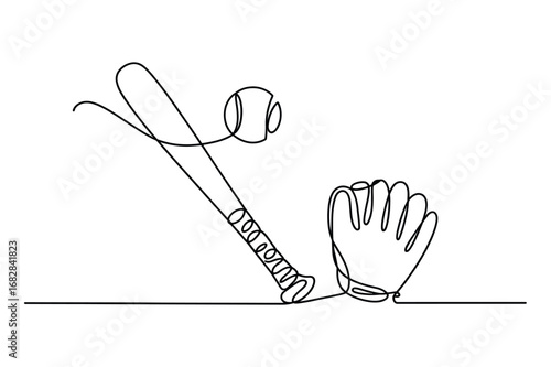 One Line Drawing of Baseball Equipment | Bat, Ball & Glove | Editable Stroke Vector