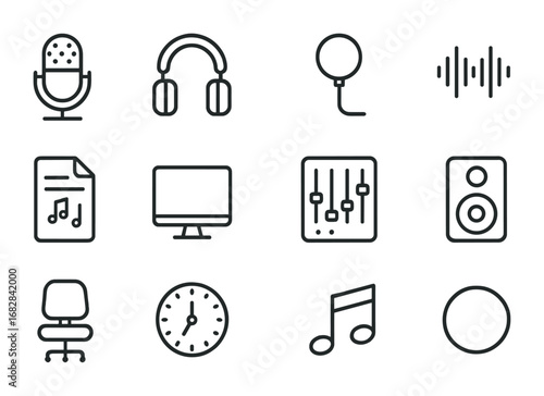 Vocal Studio Icon Set. Outline icon set of vocal recording studio: microphone, headphones, pop filter,