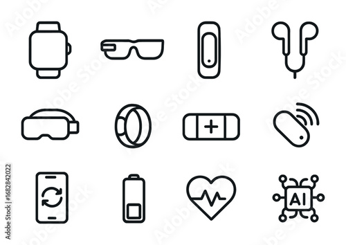 Wearable Tech Icons. Outline icon set of wearable technology: smartwatch, smart glasses, fitness tracker,