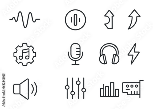 Dynamic Audio Icons. Outline icon set of dynamic vocal effects: waveform, echo lines, reverb symbol, pitch