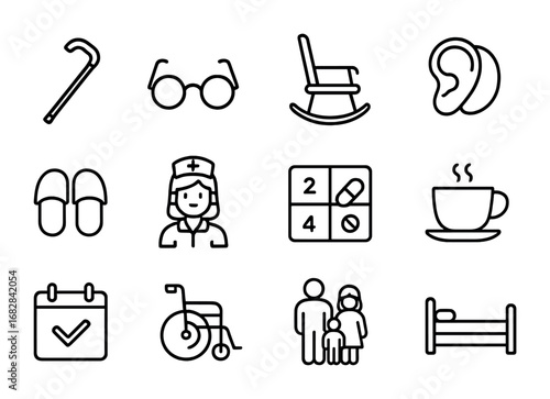 Elderly Care Icons. Outline icon set of elderly care: walking cane, glasses, rocking chair, hearing aid,
