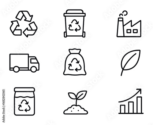 Recycling Icons Set. Outline icon set of recycling process: arrows, compost bin, factory, truck, bag, leaf,