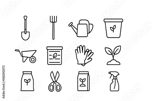 Eco Gardening Icons. Outline icon set of eco gardening tools: shovel, rake, watering can, bucket, wheelbarrow,