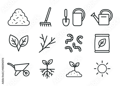 Garden Compost Icon Set. Outline icon set of garden composting: compost heap, rake, shovel, watering can,