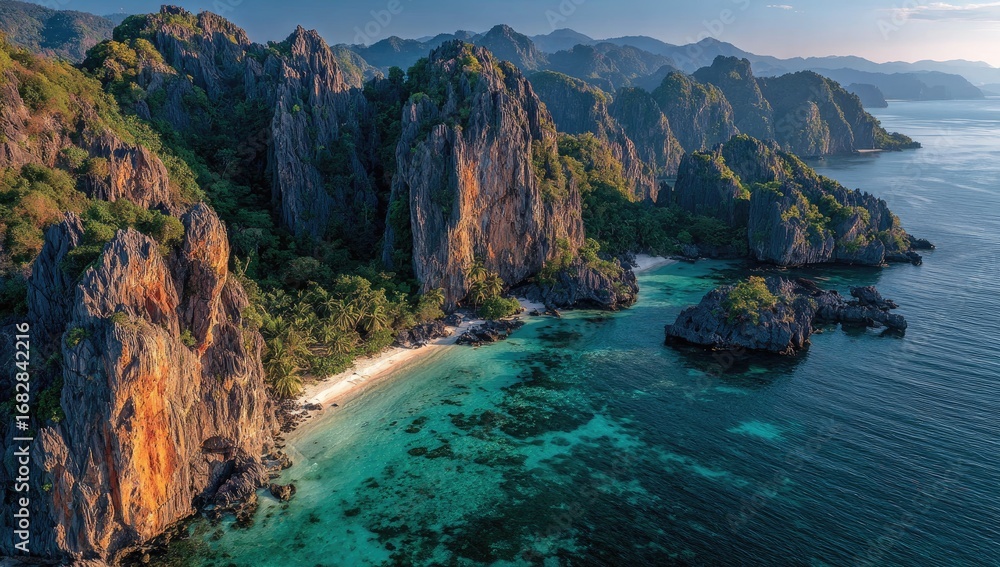 Obraz premium Dramatic coastal cliffs, turquoise water, secluded beach