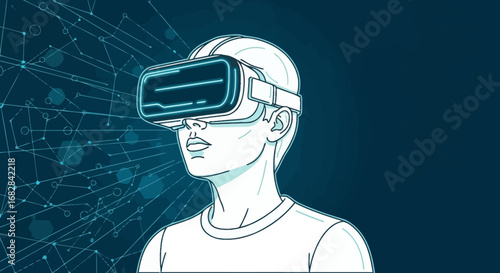 Conceptual illustration of a person immersed in a digital world using a virtual reality headset, exploring a futuristic network