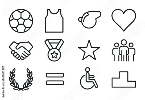 Equality Sports Icons. Outline icon set of equality in sports: ball, jersey, whistle, heart, handshake, medal,