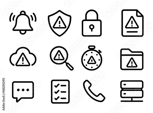 Incident Response Icons. Outline icon set of incident response: alert bell, shield, lock, document, cloud,
