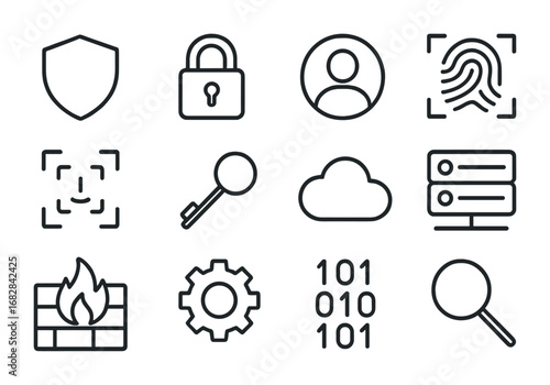 Zero Trust Icons. Outline icon set of zero trust security: shield, lock, user icon, fingerprint, face ID, key,