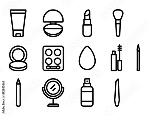 Makeup Icon Grid. Outline icon set of natural TV makeup: foundation, blush, lipstick, brush, compact,