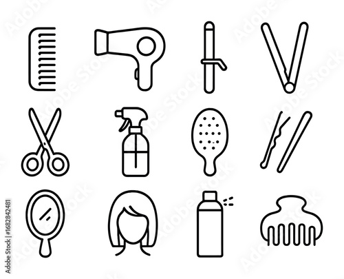 Hair Styling Icons. Outline icon set of hair styling for TV: comb, hairdryer, curling iron, straightener,