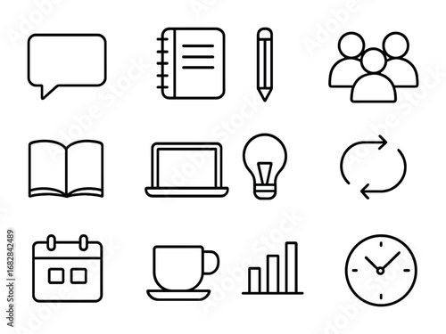 Study Group Icons. Outline icon set of study group brainstorming: speech bubble, notebook, pencil, group icon,