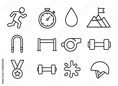 Endurance Challenge Icons. Outline icon set of endurance challenge: runner, stopwatch, sweat drop, mountain,