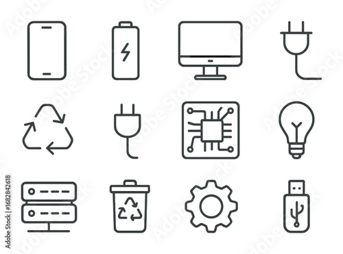 E-Waste Recycling Icons. Outline icon set of electronic waste recycling: smartphone, battery, computer, cable,