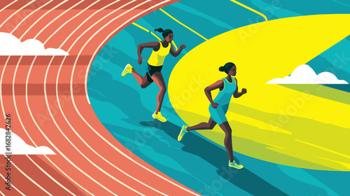 Two athletic women race on a colorful curved track. The bright sun shines in the background, casting vibrant shadows. Their focus and determination are evident as they sprint towards victory.