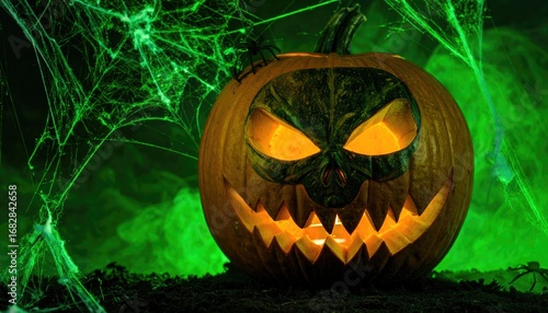 A carved pumpkin with a scary face glows eerily against a background of green mist and spiderwebs. Halloween vibes