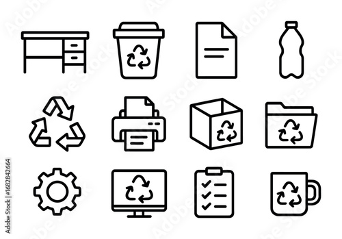 Workplace Recycling Icons. Outline icon set of workplace recycling: office desk, bin, paper, plastic bottle,