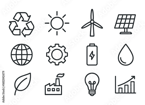 Sustainable Energy Icons. Outline icon set of recycling energy: arrows, sun, wind turbine, solar panel, globe,