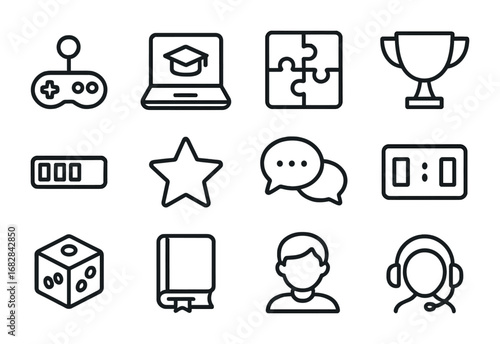 Gamified Learning Icons. Outline icon set of gamified learning: joystick, laptop, puzzle, trophy, progress bar