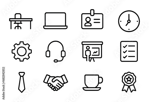 Workplace Training Icons. Outline icon set of workplace training: office desk, laptop, ID card, clock, gear,