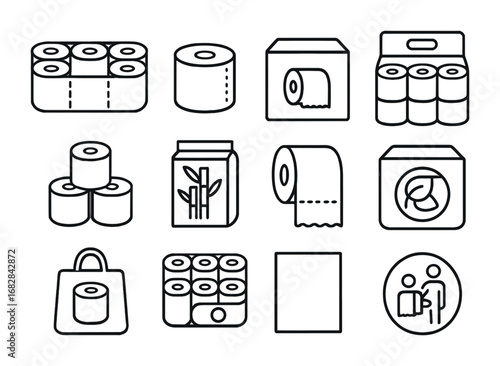 Toilet Paper Icons. Outline icon set of toilet paper packaging: pack of rolls, single roll, box, plastic wrap,