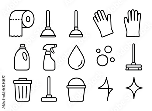 Toilet Cleaning Icons Set. Outline icon set of toilet cleaning: toilet paper roll, plunger, brush, gloves,
