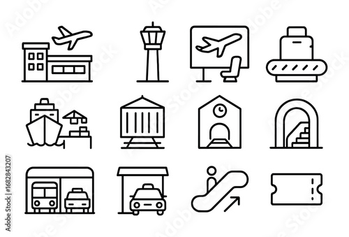 Transportation Hub Icons. Outline icon set of transportation hubs: airport terminal, control tower, boarding