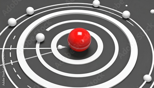 A 3D render featuring a red sphere at the center of white concentric circles on a gray surface, with smaller white spheres orbiting or adjacent to the circles