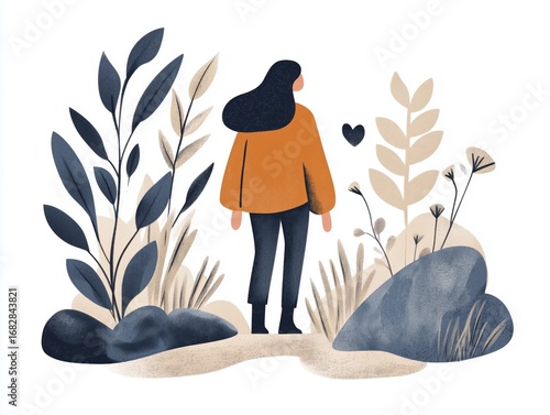 Stylized woman with long hair in a sweater stands in a sunlit meadow. The isolated composition emphasizes exploration, serenity, and emotional space.