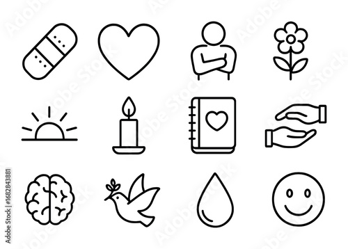 Emotional Healing Icons. Outline icon set of emotional healing: bandage, heart, hug, flower, sunrise, candle,