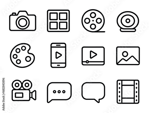 Visual Storytelling Icons. Outline icon set of visual storytelling: camera, storyboard, video reel, paint