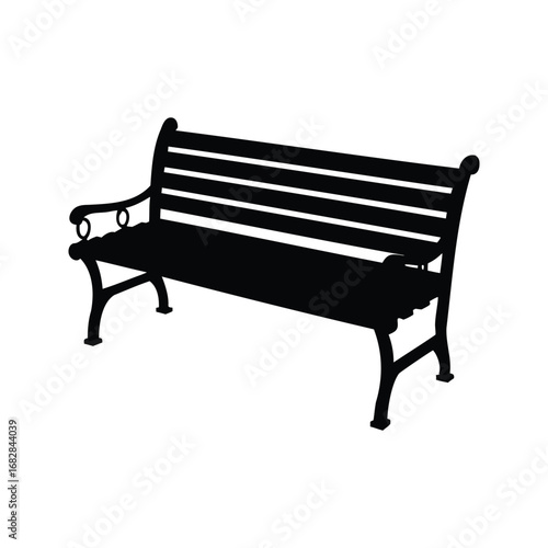 Black silhouette of an outdoor bench with a slatted back and armrests, street bench silhouette vector illustration