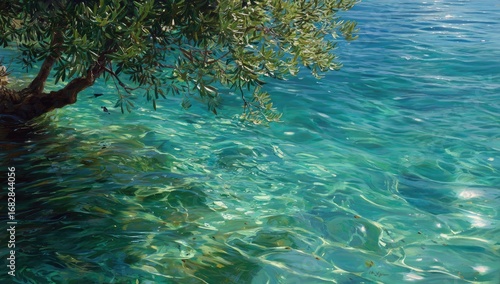 Tranquil olive tree by azure water