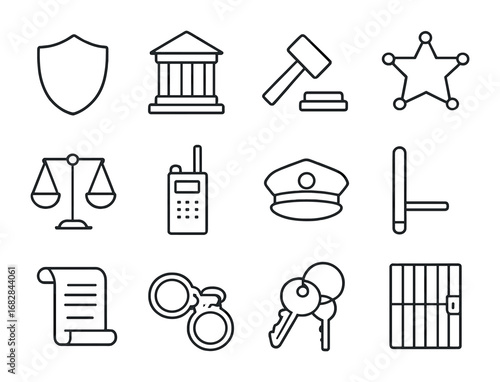 Legal Security Icons. Outline icon set of legal security: shield, courthouse, gavel, sheriff badge, scales of