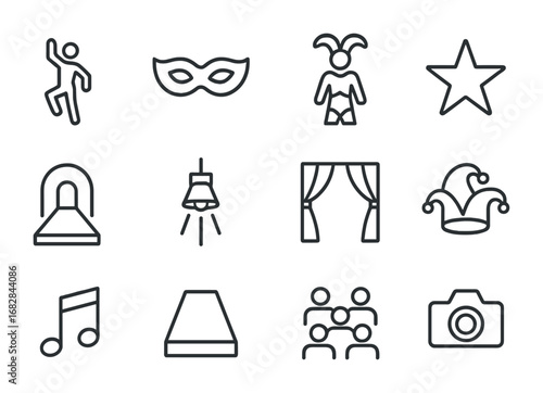 Iconic Runway Elements. Outline icon set of themed runway performances: dancer, mask, costume, star, stage,