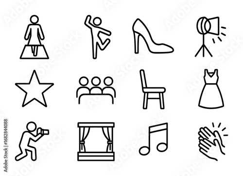 Runway Icon Set. Outline icon set of runway dance and modeling: catwalk, dancer pose, high heels, spotlight,