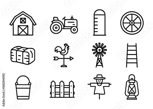Vintage Farm Icon Set. Outline icon set of vintage barn scene: old barn, tractor, silo, wagon wheel, hay bale,