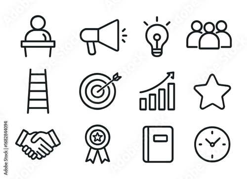 Motivational Icons Grid. Outline icon set of motivational seminars: speaker, megaphone, idea bulb, audience,