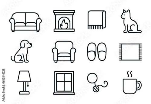 Cozy Home Icons. Outline icon set of cozy home with pets: sofa, fireplace, blanket, cat, dog, armchair,