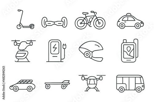 Futuristic Transport Icons. Outline icon set of futuristic transport gadgets: e-scooter, hoverboard, electric