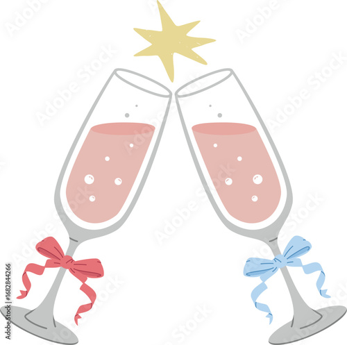 Tulip Wine Glasses with Bow Knots Clinking Champagne or Prosecco Vintage Glassware Vector