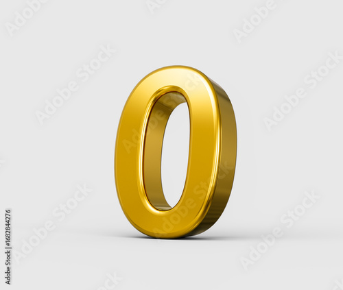 Bilde på lerret Shiny golden metallic 3D number zero with reflective finish on white background