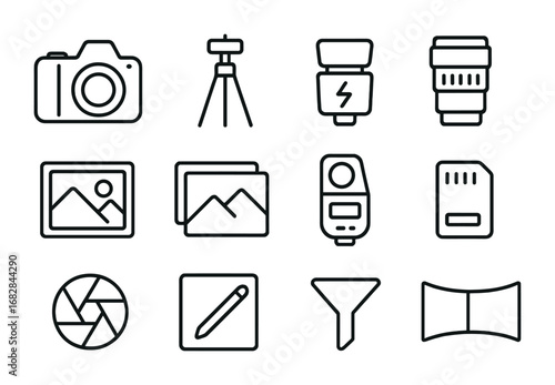 Photography Equipment Icons. Outline icon set of photography: DSLR camera, tripod, flash, lens, photo frame,