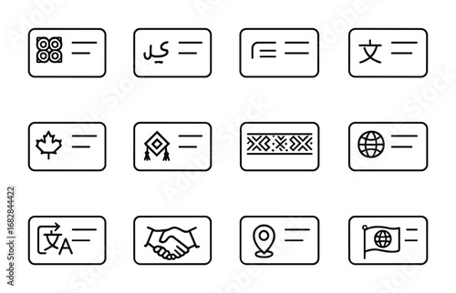 Cultural Icon Set. Outline icon set of cultural business cards: Asian pattern, Arabic script, Western