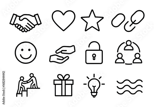 Trust Icons Grid. Outline icon set of trust building: handshake, heart, star, chain link, smiley face, helping
