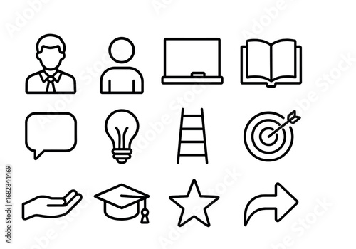 Mentoring Moments Icons. Outline icon set of mentoring moments: teacher figure, student figure, chalkboard,