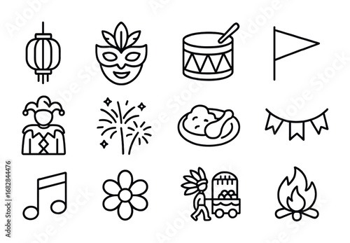 Cultural Festival Icons. Outline icon set of cultural festivals: lantern, mask, drum, flag, costume, fireworks