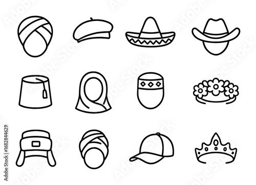 Cultural Headwear Icons. Outline icon set of cultural headwear: turban, beret, sombrero, cowboy hat, fez,