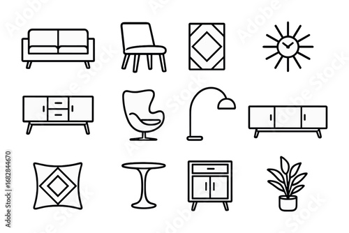 Mid-Century Furniture Icons. Outline icon set of mid-century modern furniture: low sofa, tapered leg chair,